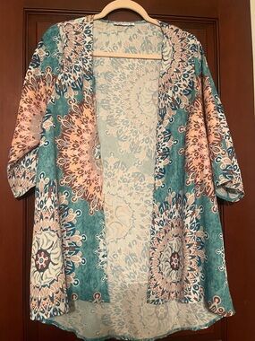 Women's Teal and Pink Open Front Kimono Top